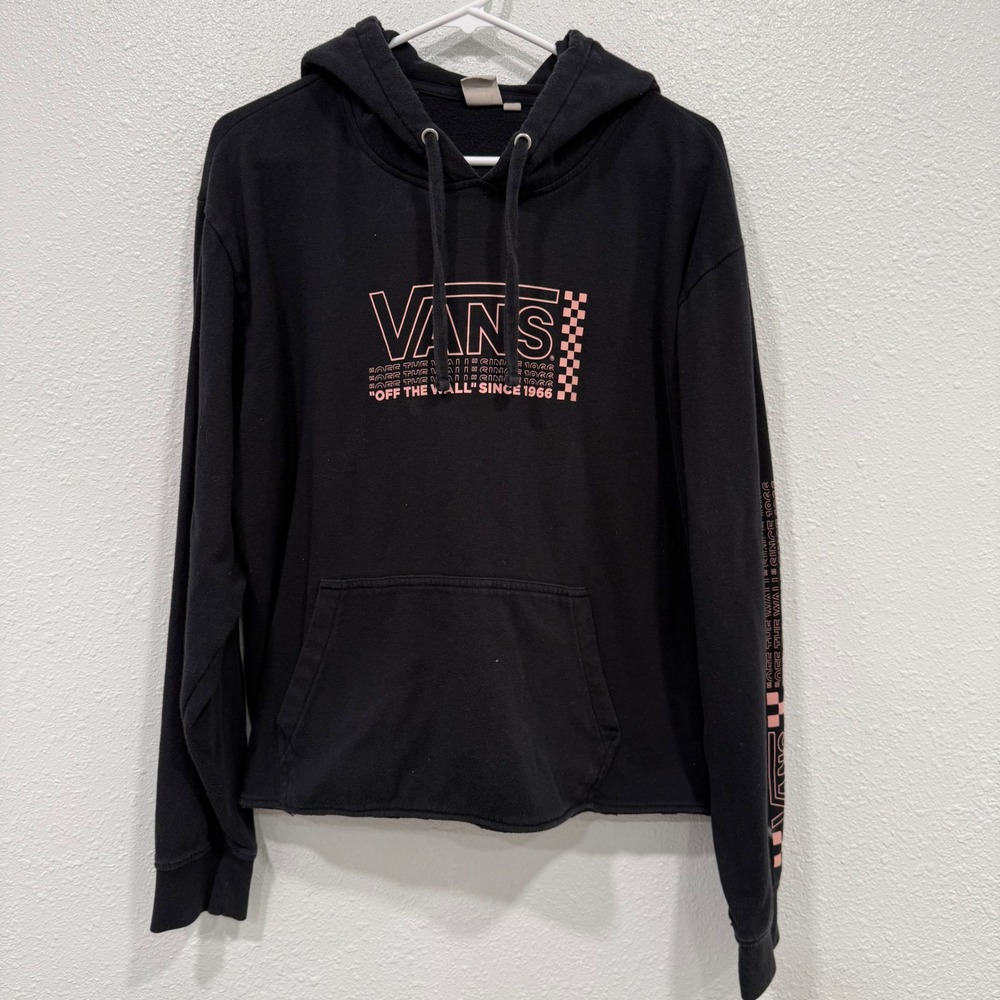 Vans Off The Wall Hoodie Womens XL Black Pink Graphic Raw Hem Cropped Sweatshirt